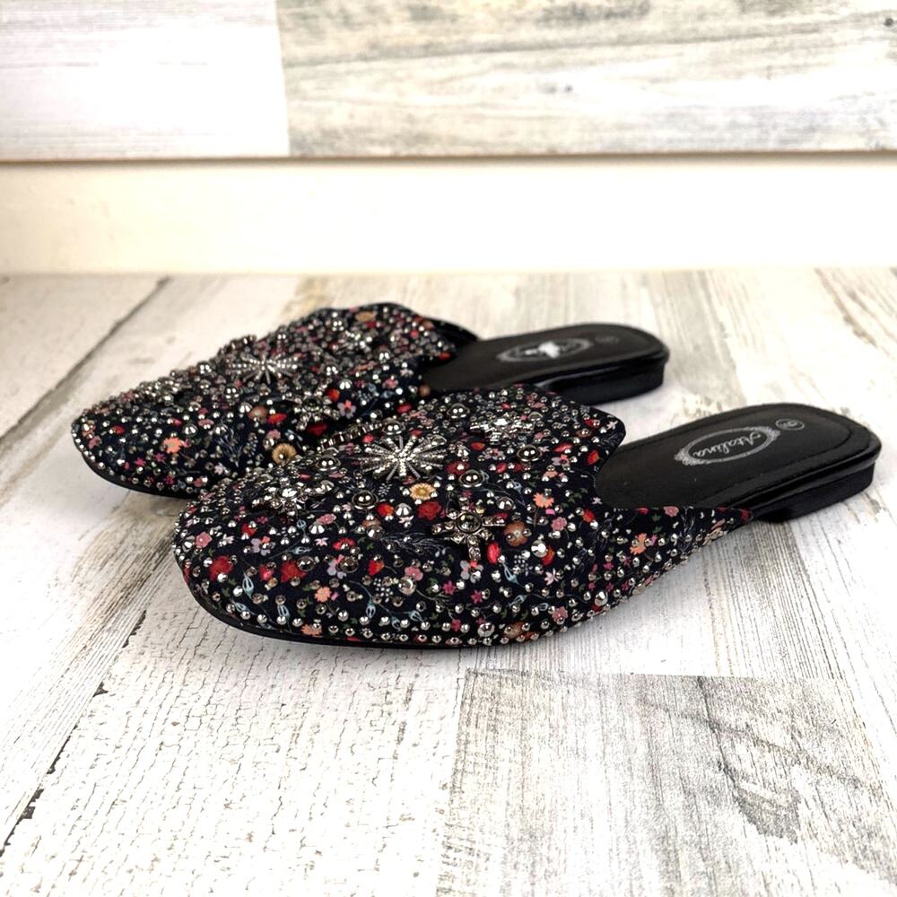 Atalina Womens 9 Black Multi Beaded Jeweled Loafer Boho Flats NEW
